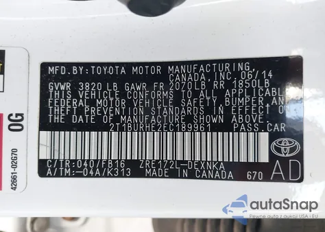 2014 Toyota Corolla Le из США, поврежденный, VIN 2T1BURHE2EC189961